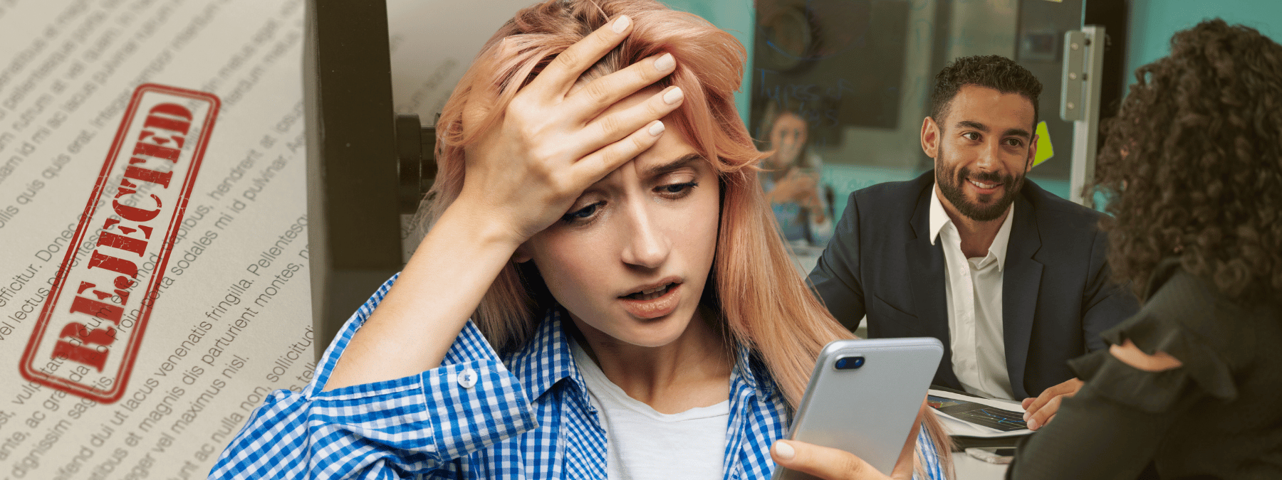Woman looking at phone in shock