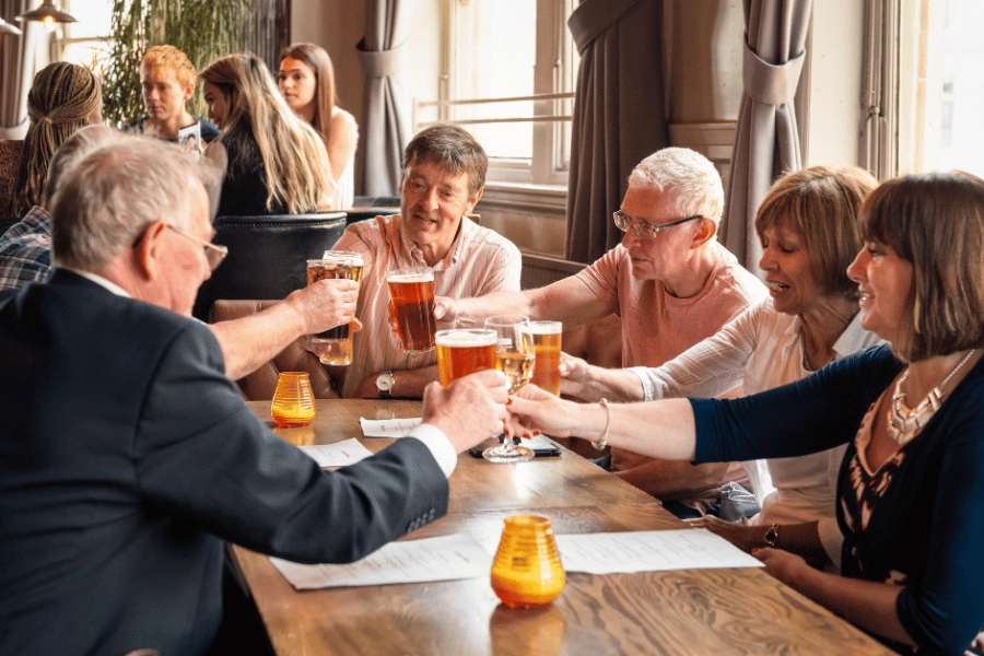 Group with drinks at a pub table