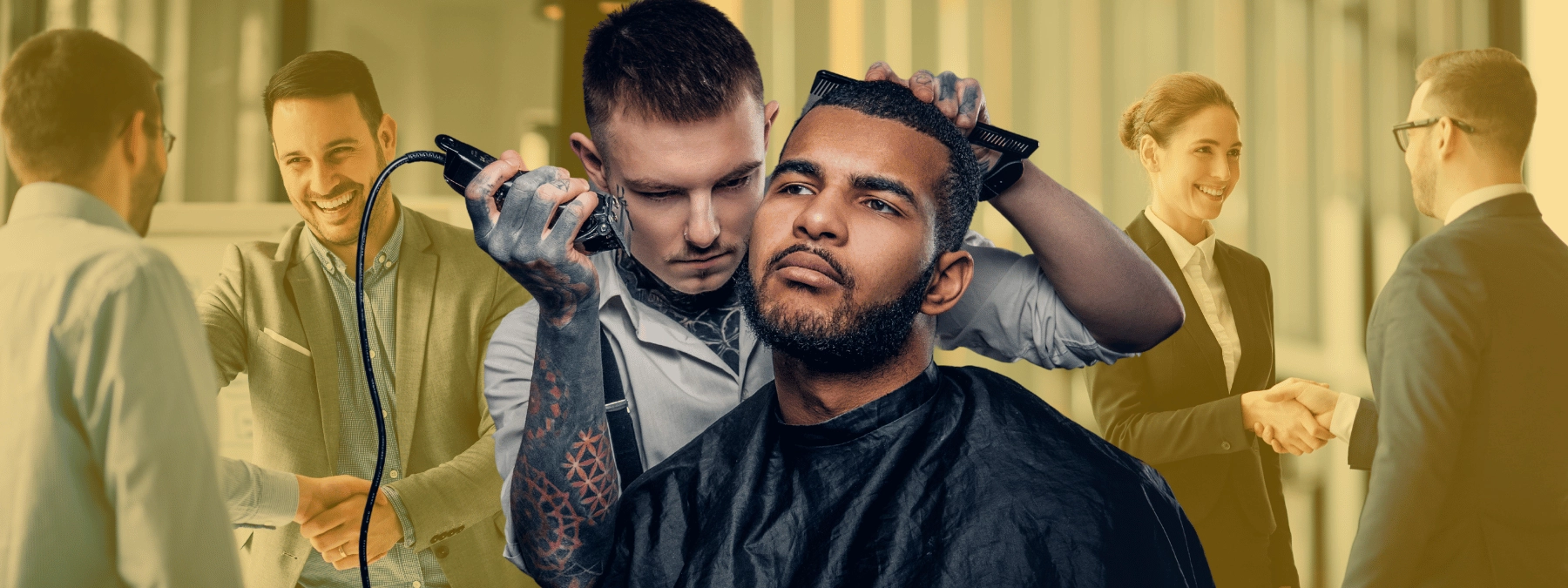 Barber cutting customer's hair with electric clippers