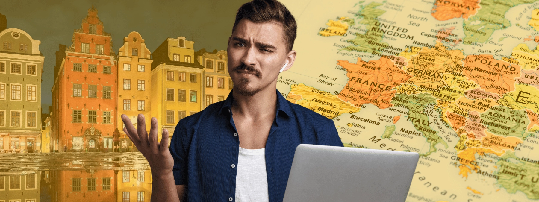 Man holding a laptop in front of a background of a map of Europe and a European city square