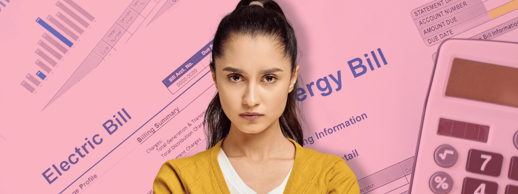 Woman in front of background of energy bills and a calculator